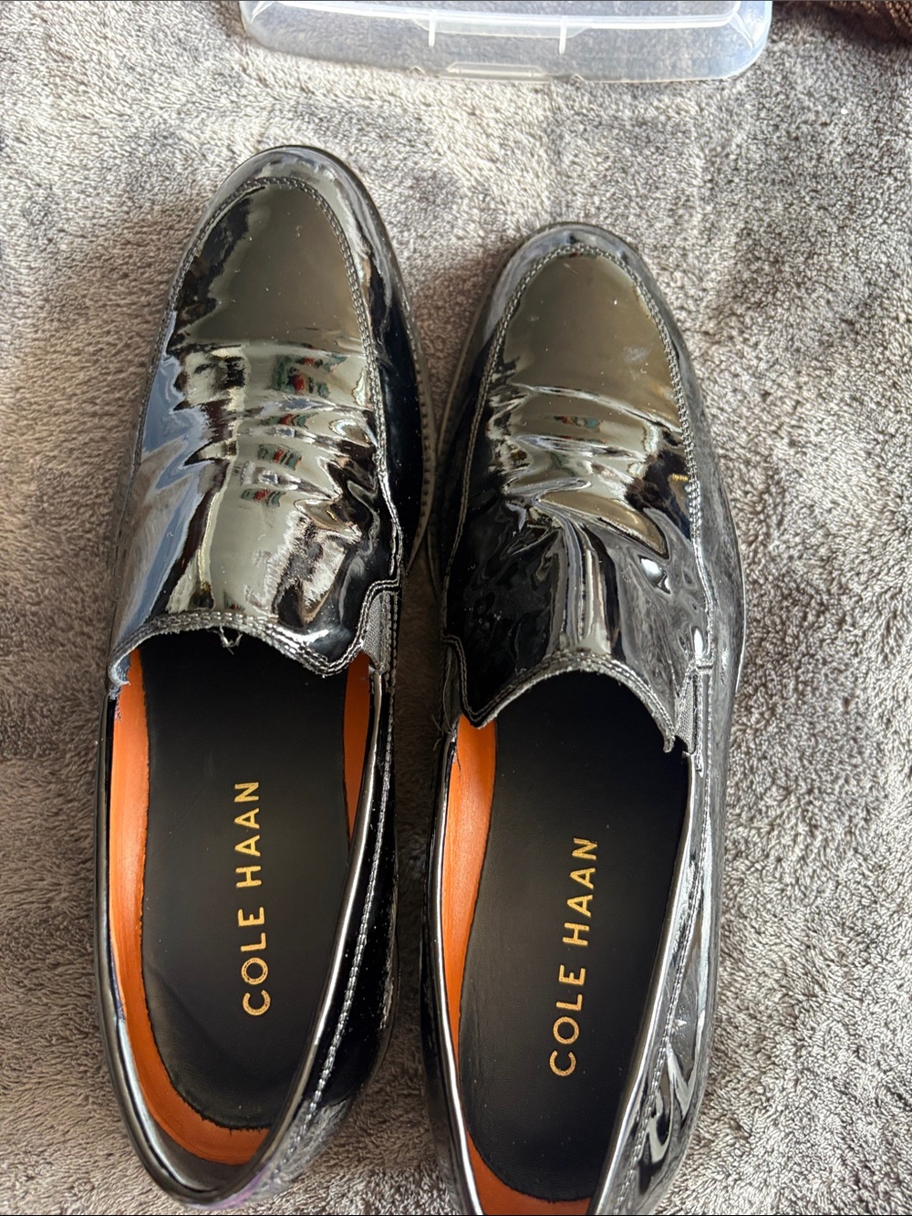 Cole Haan Black Patent Leather Slip-On Loafers with Orange Insole
